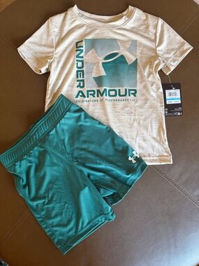 Under Armour White Tee with Teal Logo & Teal Athletic Shorts